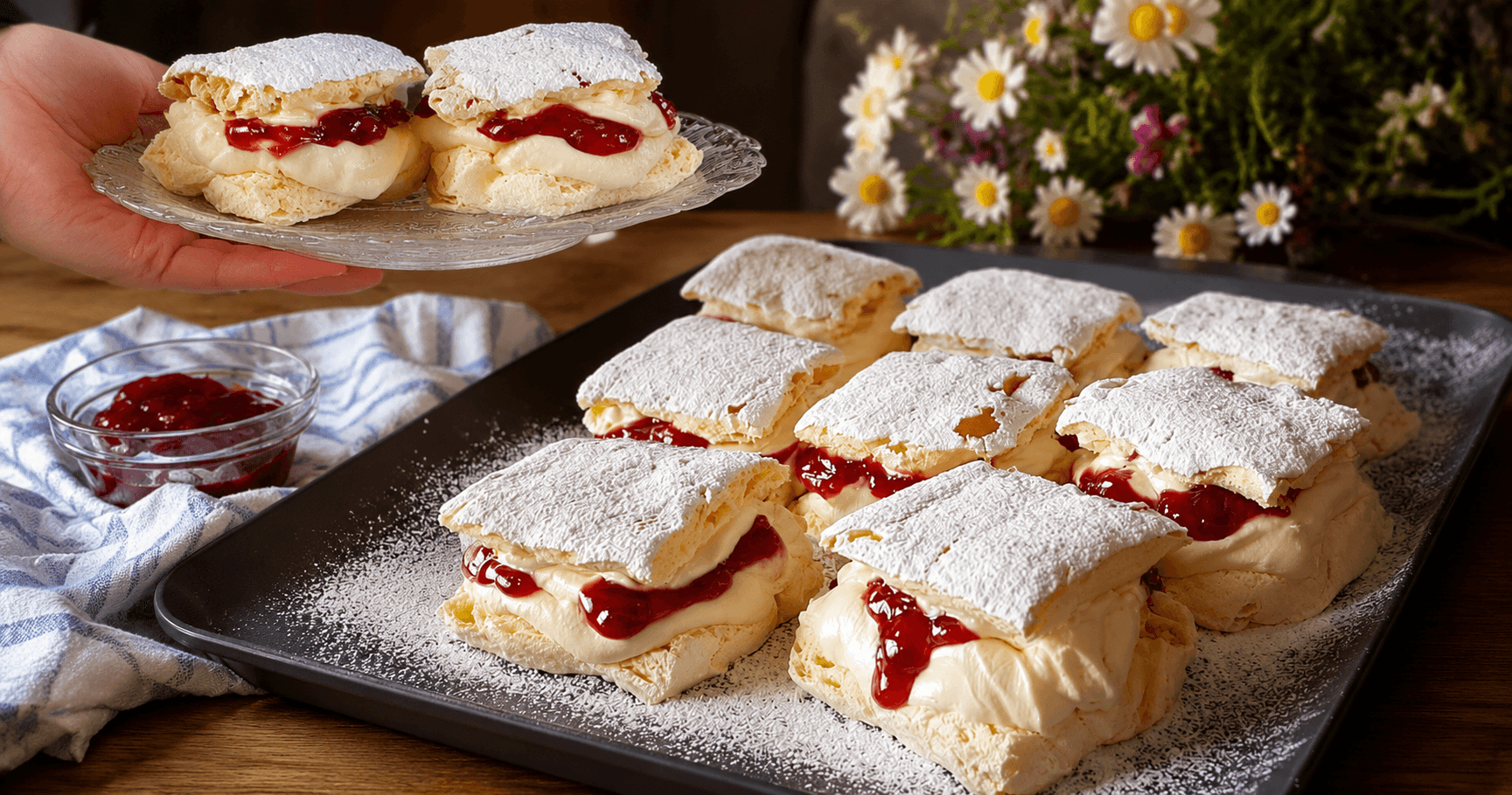 Baiser-Kissen mit Vanillecreme und Himbeermarmelade