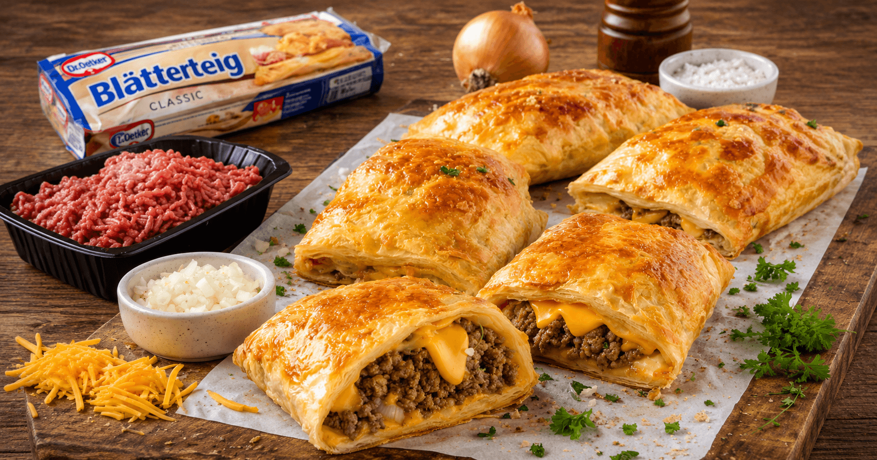 Cheeseburger-Blätterteigtaschen – knusprig, saftig & voller Geschmack