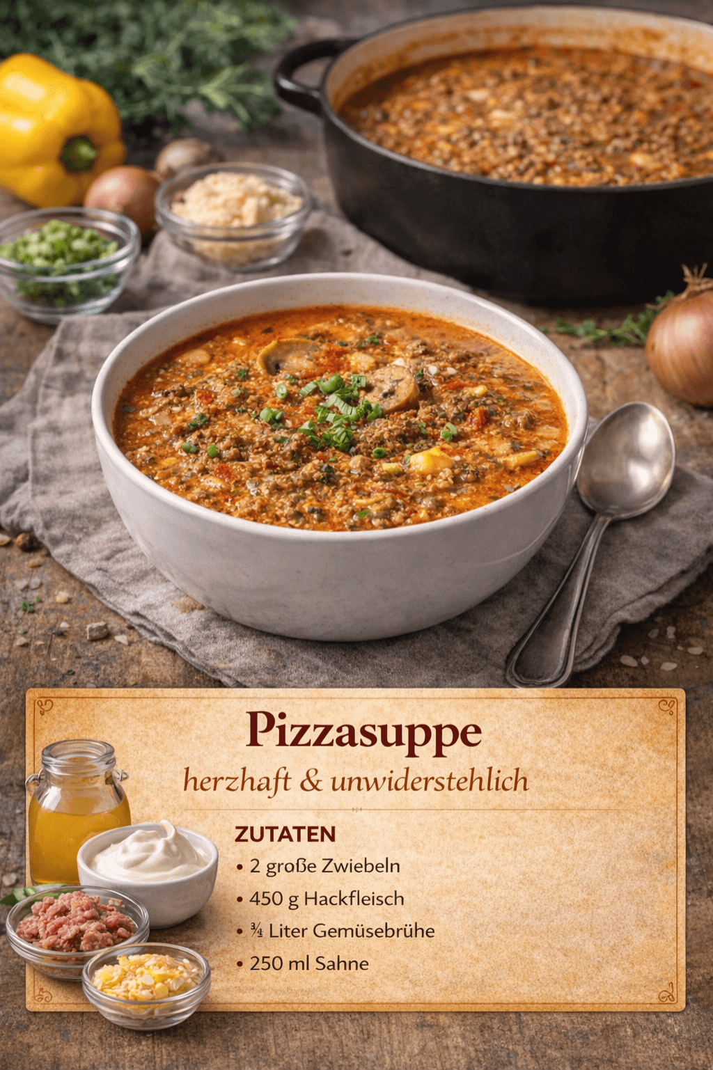 Pizzasuppe mit Hackfleisch und Gemüse