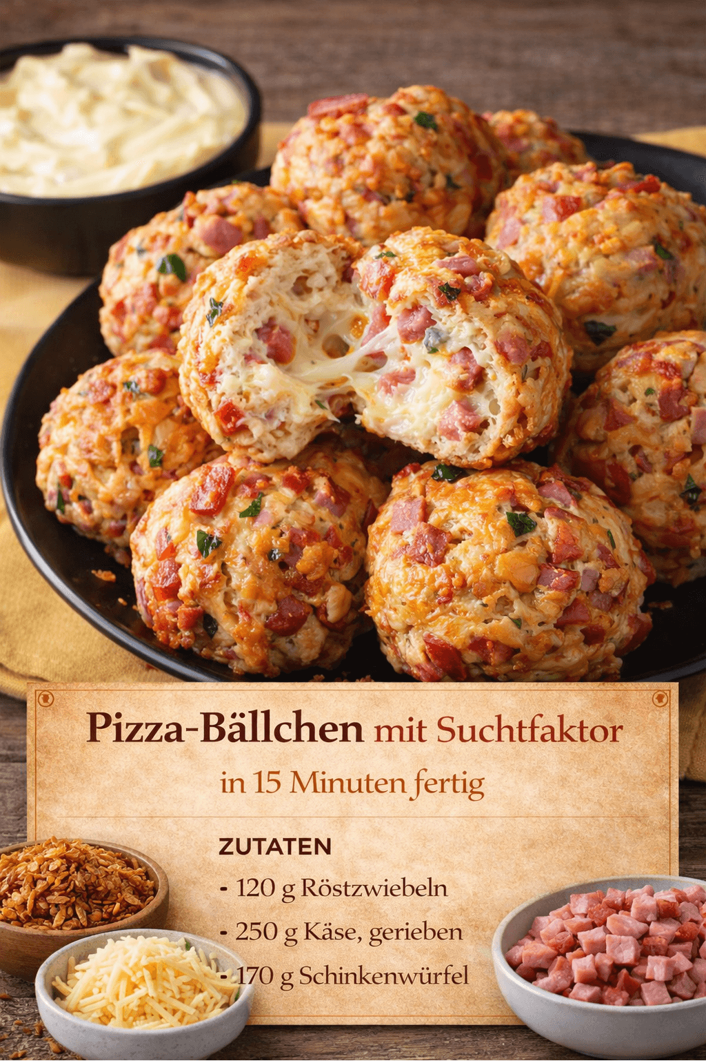 Pizza-Bällchen mit Quark-Öl-Teig, Schinken und Käse