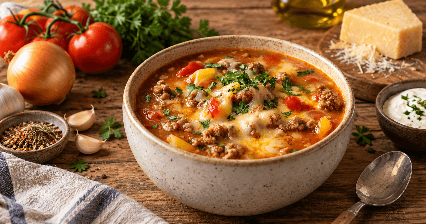 Hackfleisch-Käse-Suppe – cremig, würzig & herzhaft mit Tomaten