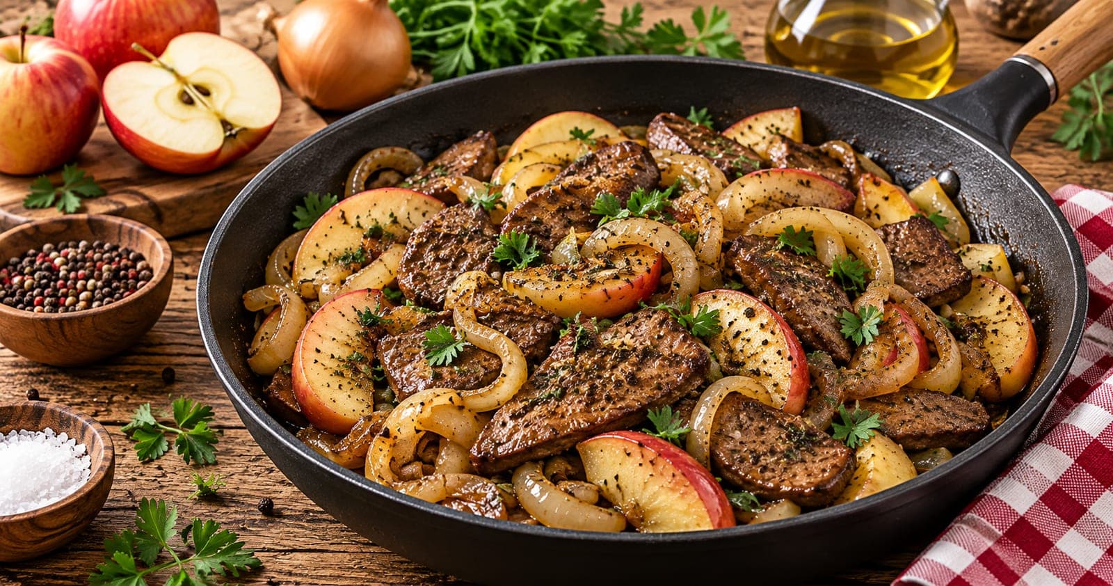 Leber mit Äpfeln und Zwiebeln aus der Pfanne