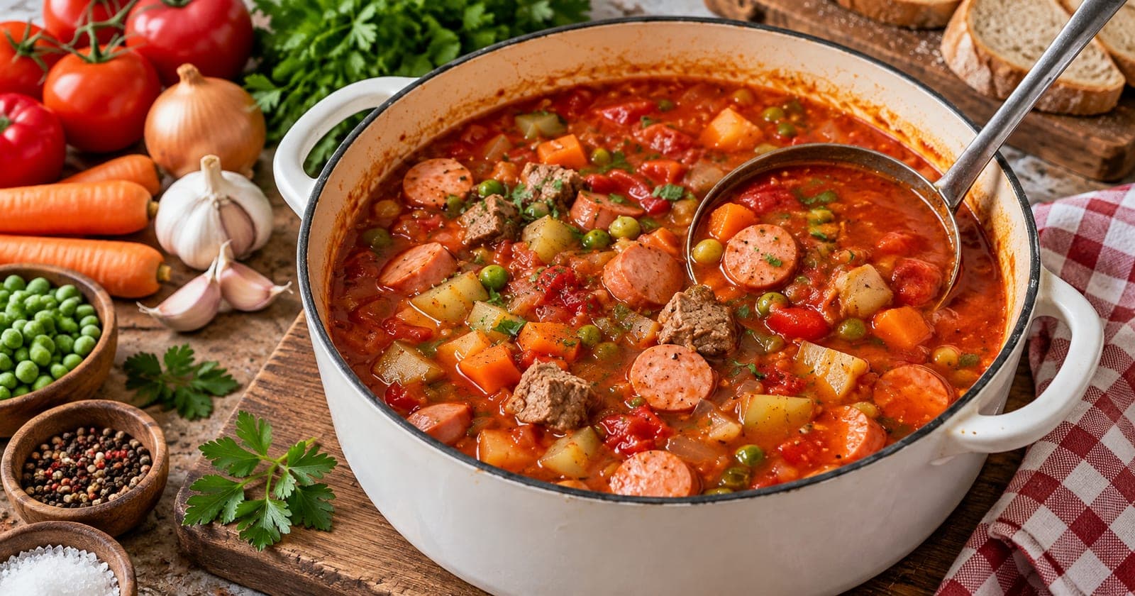 Soljanka mit Gulasch und Würstchen
