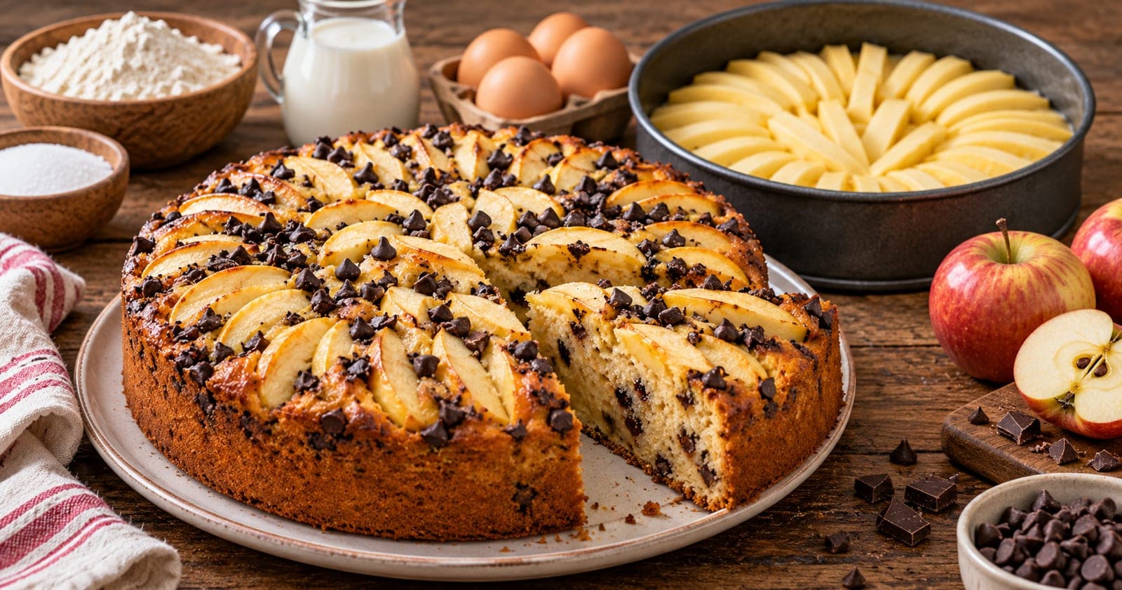 Apfelkuchen ohne Butter mit Sahne und Schokotropfen