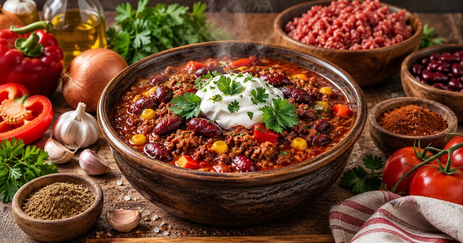 Chili con Carne mit Rinderhack, Bohnen und Mais