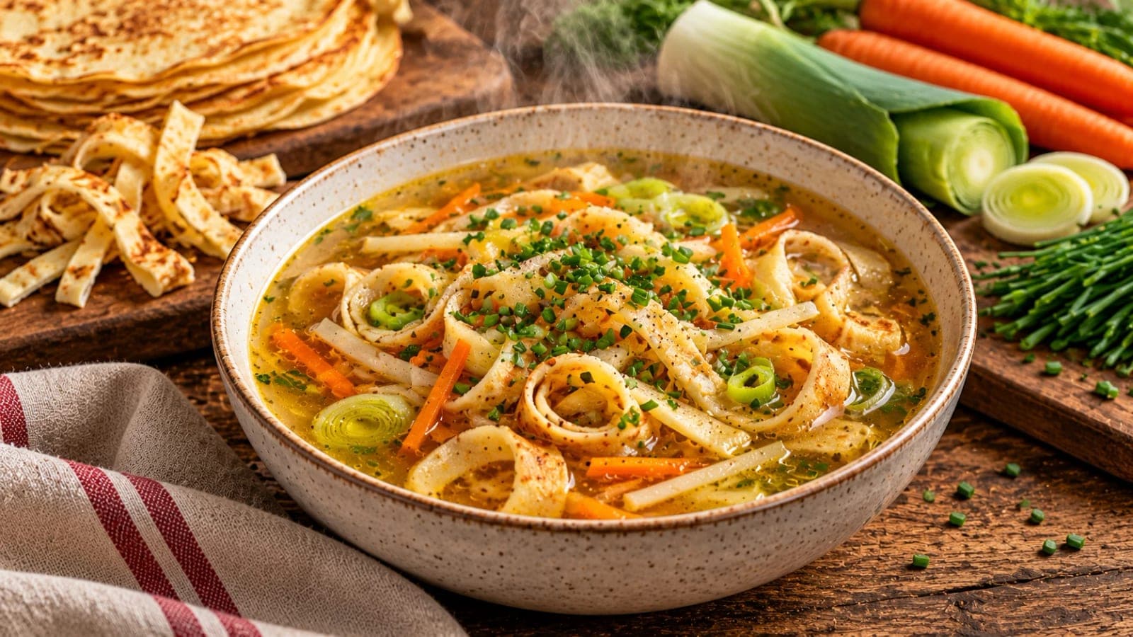 Flädlesuppe mit Pfannkuchenstreifen und Gemüse