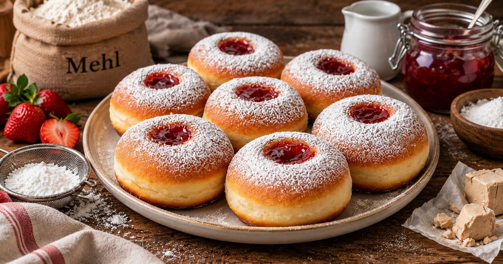 Berliner Pfannkuchen mit Erdbeermarmelade