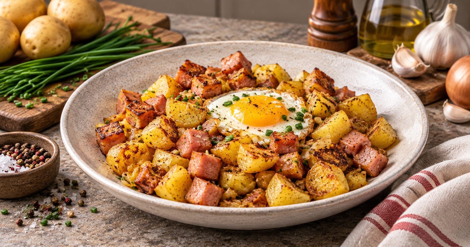 Bratkartoffeln mit Würstchen und Spiegelei