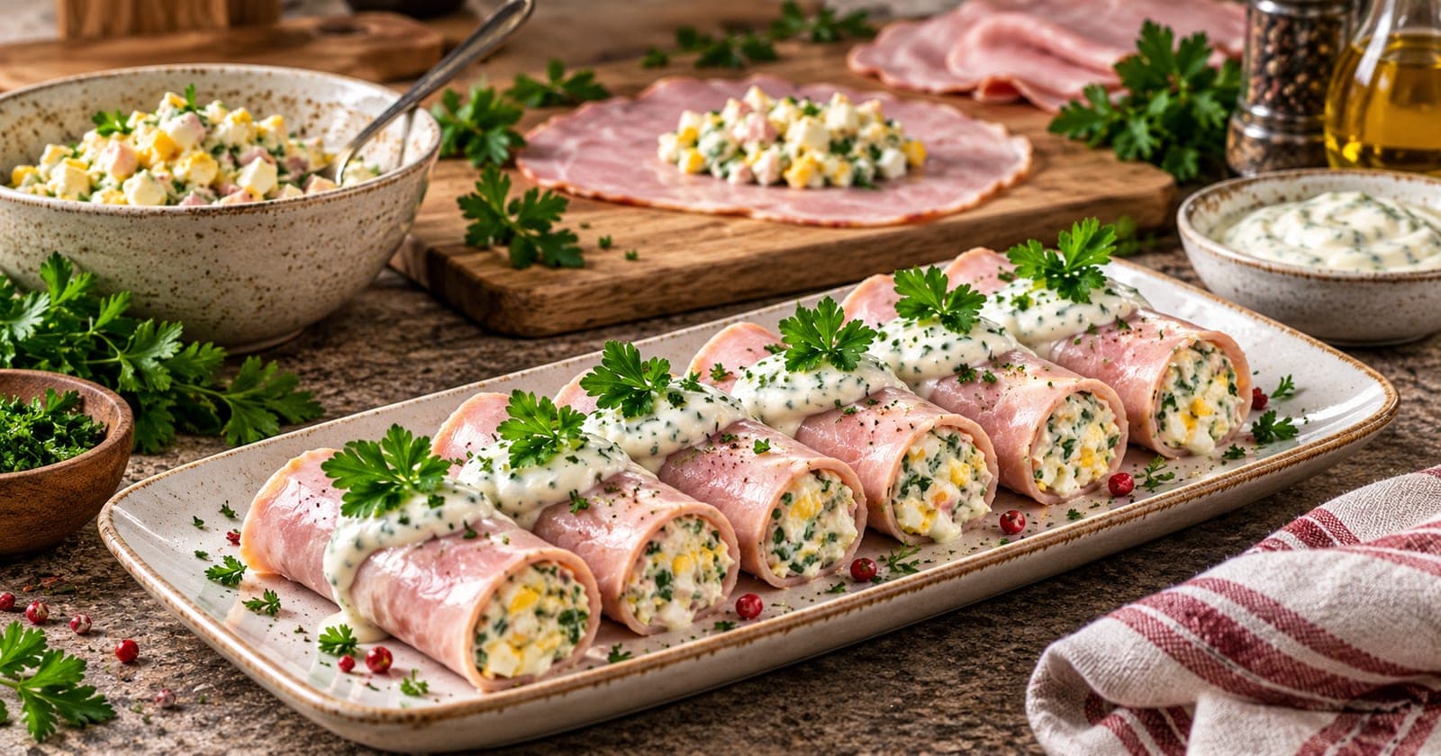 Schinkenröllchen mit Eiersalat-Füllung