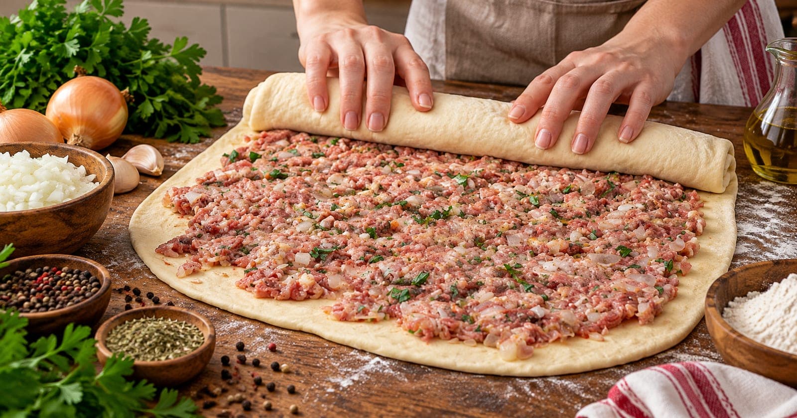 Hackfleisch-Pizzarolle aus dem Ofen