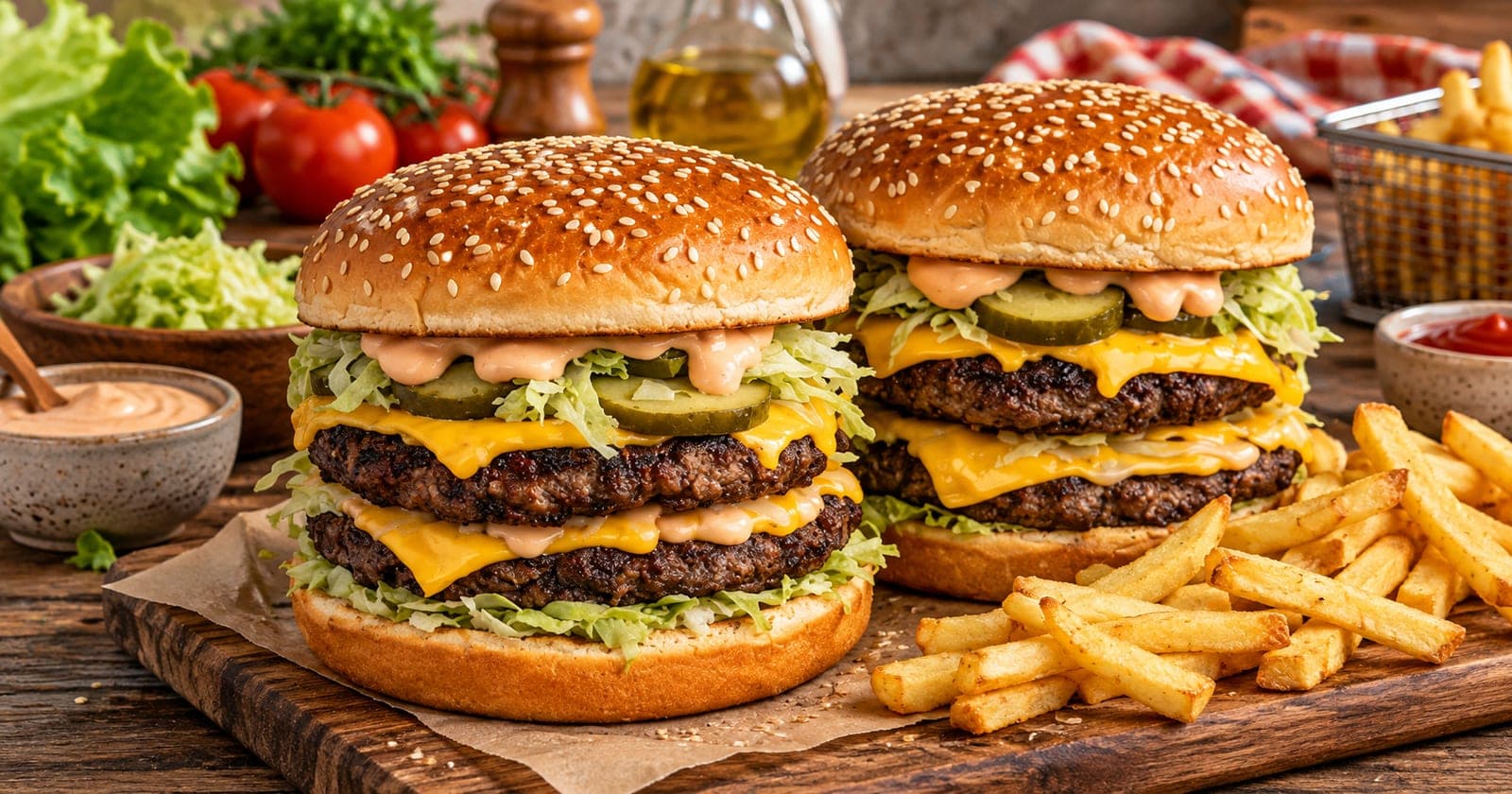 Hausgemachter Big Burger mit Cheddar und Burger-Sauce
